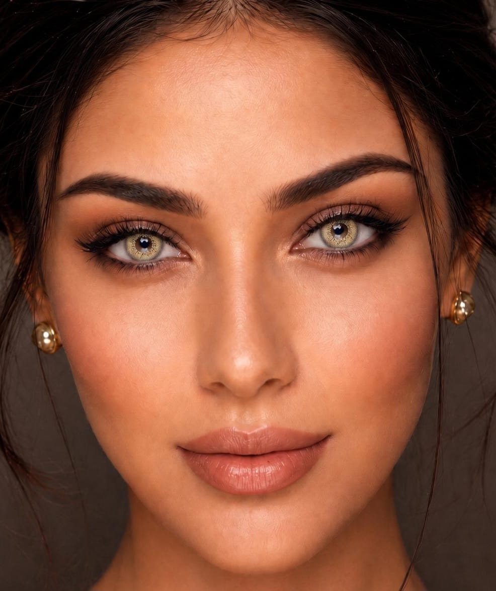 Dynamic Brown contact lens model wearing lenses