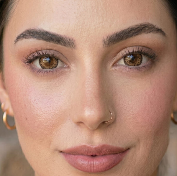 Honey Gold contact lens model wearing lenses